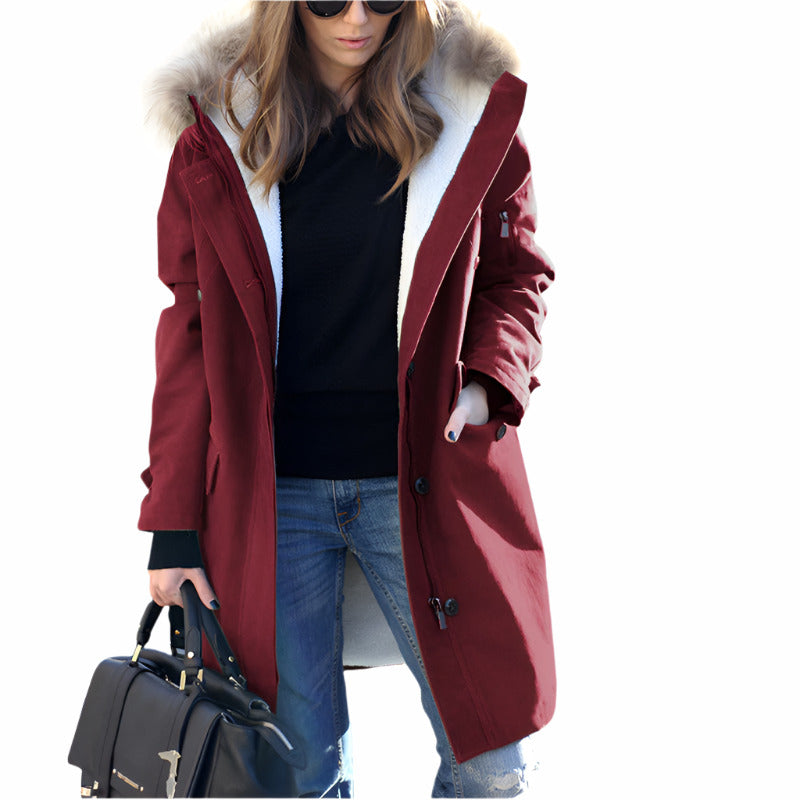 Women's Loose Extended Fur Collar Hooded Overcoat